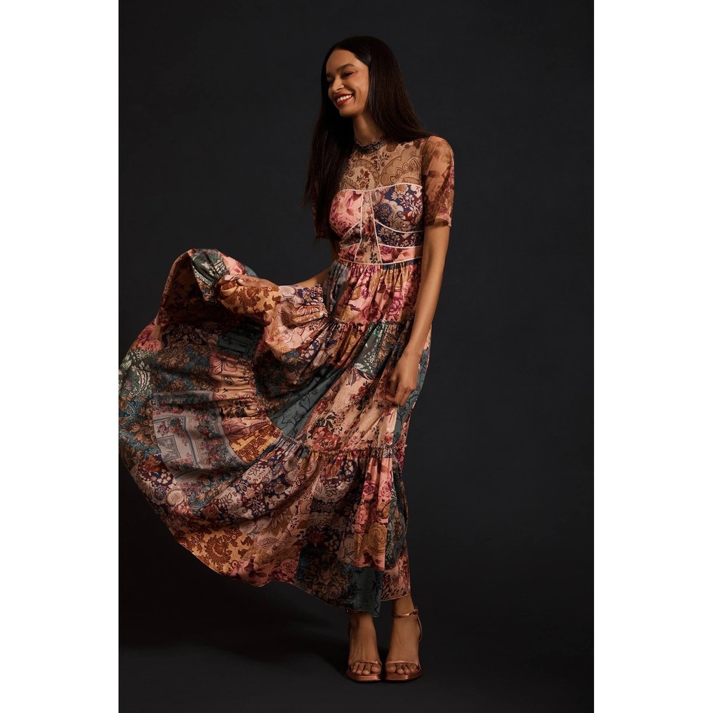 Geisha Designs Anthropologie Patchwork Floral Maxi Dress Pink Multi Mesh Size 4
